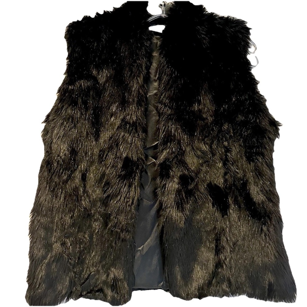Garnet Hill Black Faux Fur Sleeveless Vest Women’s Size Med Eye Hook Closure